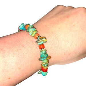 Sterling Silver 925 Turquoise Chip & Red Coral‎ Beaded 8" Bracelet Southwestern